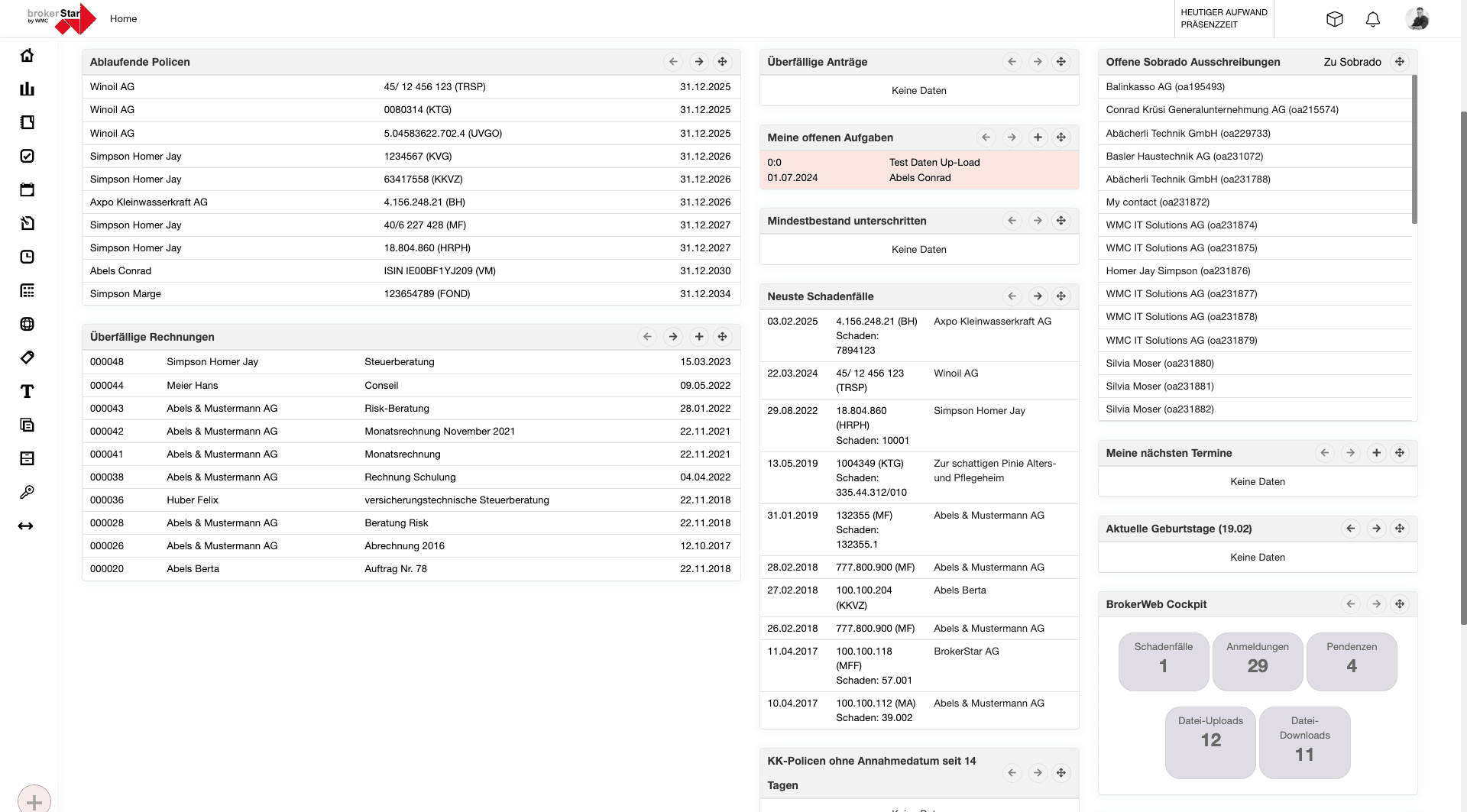 Tableau de bord BrokerStar avec aperçu des polices, tâches et sinistres